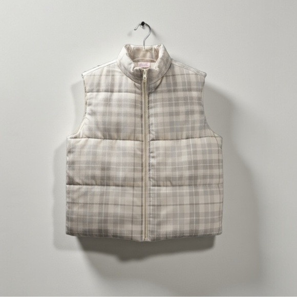 Pink Lily Jackets & Blazers - Pink Lily Plaid Puffer Vest | Cream & Gray | Cozy Quilted Layering Piece